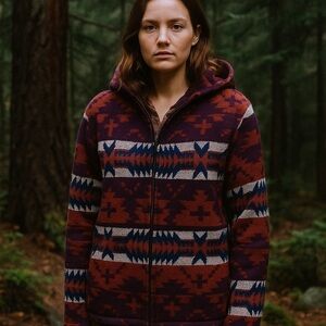 Vintage-Inspired Hooded Knit Jacket – Southwest Aztec Pattern (Medium)